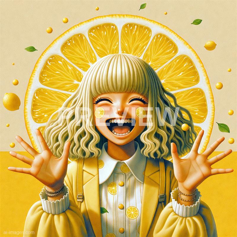 The image features a cheerful young girl with curly blonde hair and a wide, joyful smile. She has lemon slices on her cheeks and is dressed in a yellow jacket over a striped shirt, with a lemon-themed button-up shirt underneath. Behind her, there is a large, detailed slice of lemon, and around her, there are floating lemon slices, droplets, and green leaves, creating a lively and vibrant citrus-themed scene with a bright, cheerful background.